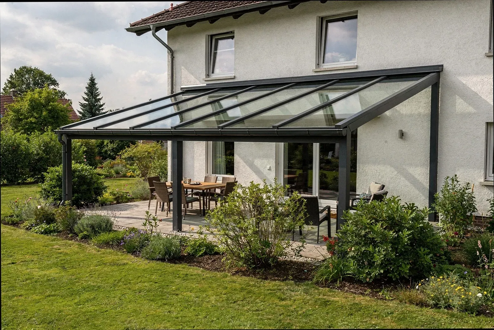Moderne Terrassenüberdachung mit Glasdach an einem Wohnhaus in Nürnberg